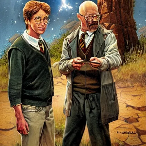 Prompt: Harry Potter and Walter White, artwork by Earl Norem,