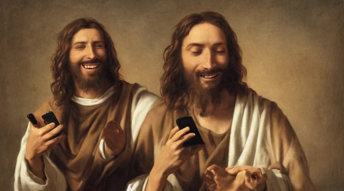 Image similar to portrait of one jesus laughin because see a meme in him cellphone, no letters