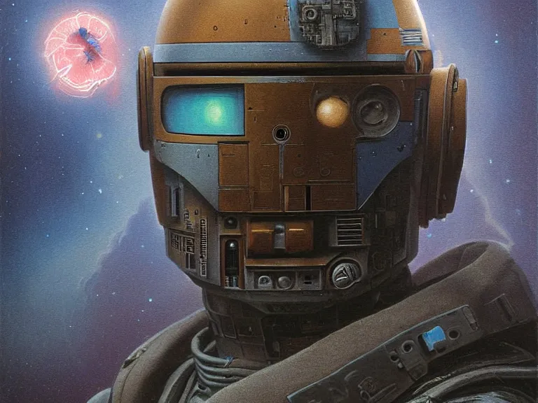 Prompt: a detailed portrait painting of a bounty hunter droid in combat armour and visor. Smoke. cinematic sci-fi poster. Cloth and metal. Flight suit, accurate anatomy portrait symmetrical and science fiction theme with lightning, aurora lighting clouds and stars. Futurism by beksinski carl spitzweg moebius and tuomas korpi. baroque elements. baroque element. intricate artwork by caravaggio. Oil painting. Trending on artstation. 8k