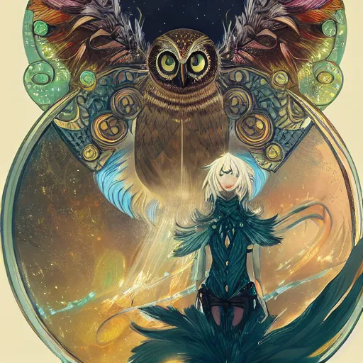 Prompt: highly detailed anime Owl with golden star dust feathers in the style of Fantasy Anime by Peter Mohrbacher, background with cosmic reality by Walter Crane, trending on artstation, HD,