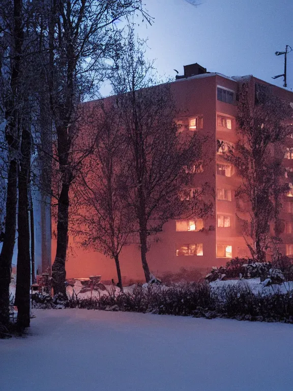 Image similar to film still of small soviet residential building in residential suburb area, lights are on in the windows, deep dark night, cozy atmosphere, cold winter, snowing, streetlamps with orange light, volumetric light, several birches nearby, elderly people stand at the entrance to the building, mega detailed