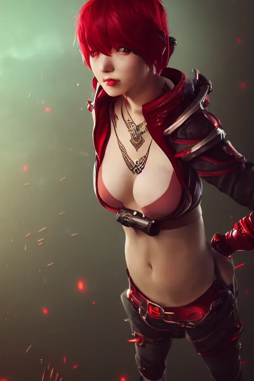 Image similar to a girl with short red hair, cool, vi from arcane, league of legends, fighter, cool red jacket, tattoo, beautiful, 3 d, potrait, art staion, studio light, closeup shot, octane render, wlop, realistic, neon