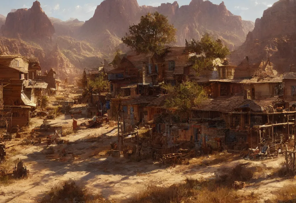 Image similar to a 1 9 th century old west far west small town in a stunning landscape by craig mullins, oil on canvas big brushstrokes, line art, winning - award masterpiece, fantastic, octane render, 8 k hd resolution, high quality image