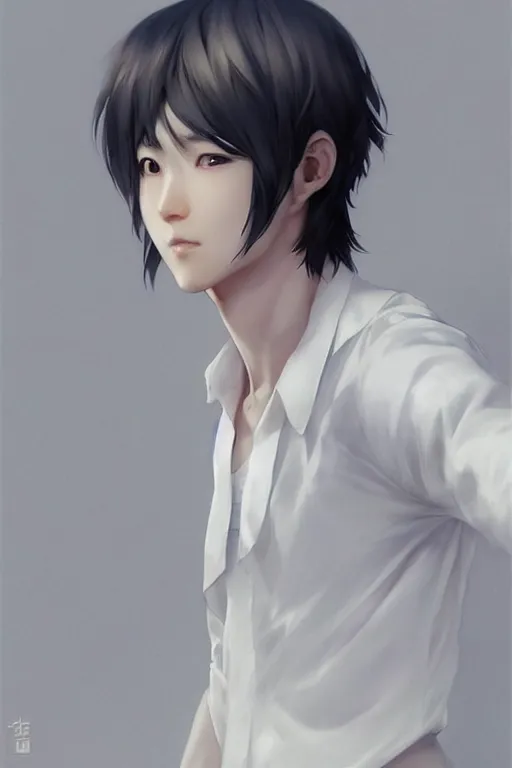 Prompt: a beautiful charming and dreamlike japanese boy in white shirt, character art, art by artgerm lau and kyoung hwan kim and and ilya kuvshinov and john singer sargent, hyperdetailed, 8 k realistic, symmetrical, frostbite 3 engine, cryengine, dof, trending on artstation, digital art