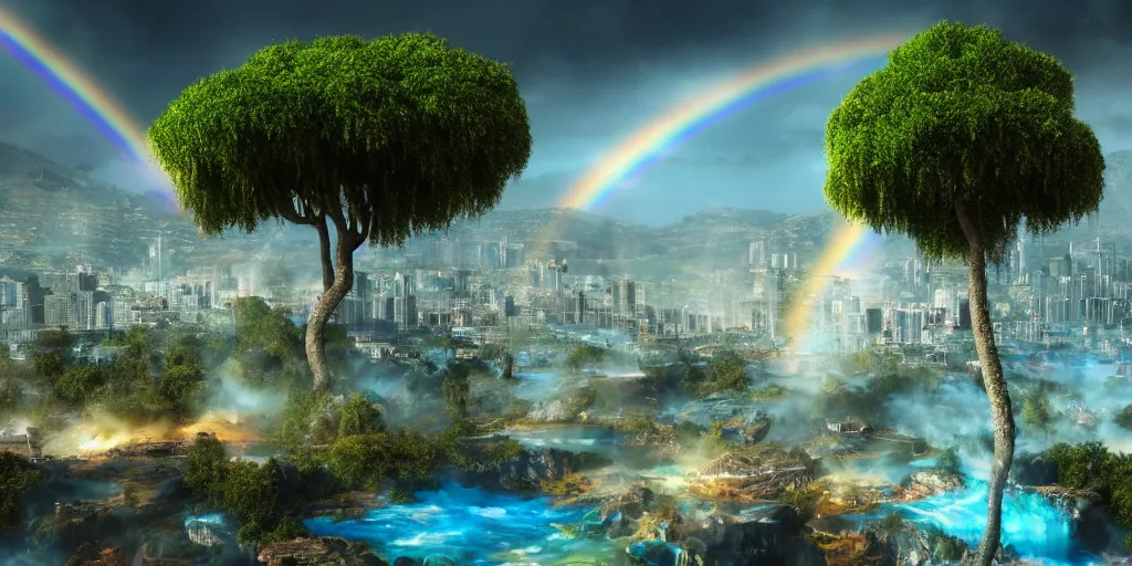 Prompt: a octane render of a landscape with a epic city and aquamarine coloured gras beautiful trees made from gold and rainbow liquid waterfalls and marvel hell riders with rainbow flames as citizen hollywood style, by waya steurbaut entertainment, dark, intricate, highly detailed, smooth, artstation, high resolution film render 100k, photo realistic style, epic, colourful, close up shot, 3D