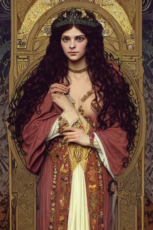 Image similar to Portrait of historically accurate, biblical, sneering, young, wicked, terrible, evil, pagan, beautiful, queen jezebel of ancient Israel, wearing gilded robes, long hair, intricate, elegant, highly detailed, masterpiece, illustration, art by artgerm and greg rutkowski and alphonse mucha and Wayne Barlowe and william-adolphe bouguereau, highly detailed, trending on artstation, award winning