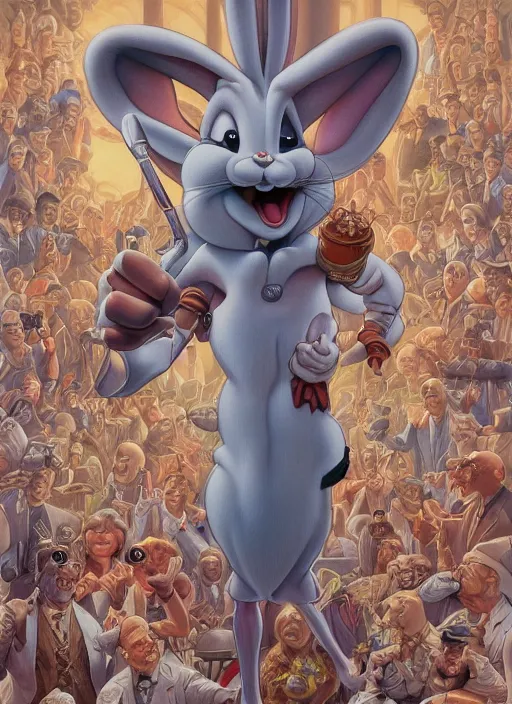 Image similar to portrait of bugs bunny in Society (1989), intricate, highly detailed, centered, solid color studio background, digital painting, artstation, concept art, smooth, sharp focus, illustration, artgerm, donato giancola, Joseph Christian Leyendecker, WLOP, Artgerm