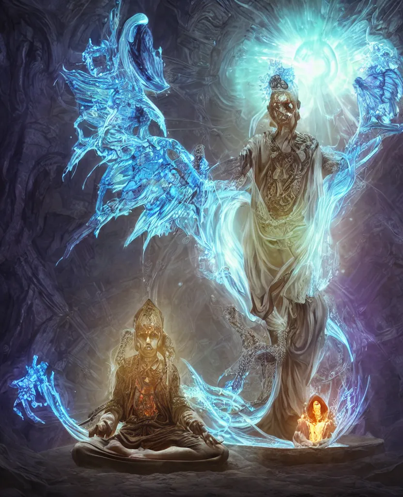 Prompt: epic scene where mystical dead monk sitting in front of an epic portal, epic angle and pose, symmetrical artwork, 3d with depth of field, blurred background, cybernetic orchid flower butterfly jellyfish crystal dragon, female face skull phoenix bird, translucent, nautilus, energy flow. a highly detailed epic cinematic concept art CG render. made in Maya, Blender and Photoshop, octane render, excellent composition, cinematic dystopian brutalist atmosphere, dynamic dramatic cinematic lighting, aesthetic, very inspirational, arthouse. y Greg Rutkowski, Ilya Kuvshinov, WLOP, Stanley Artgerm Lau, Ruan Jia and Fenghua Zhong