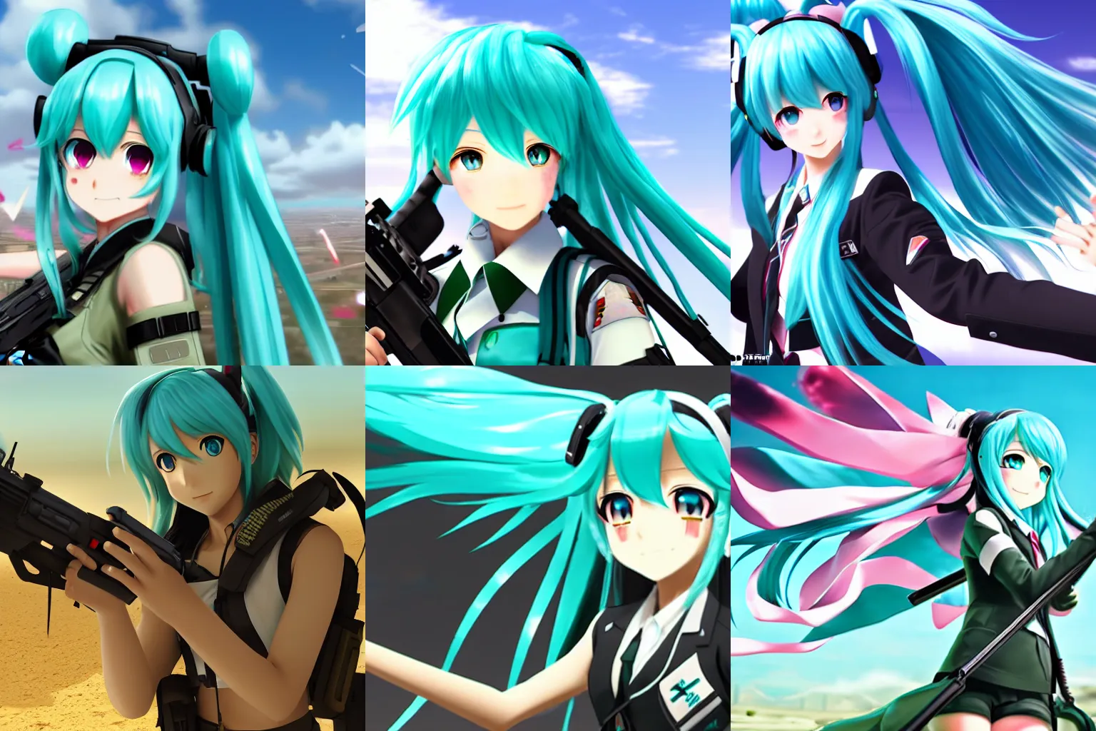 Prompt: Hatsune Miku in the Iraq War frontlines, epic, 4k resolution, extremely detailed, anime pixiv