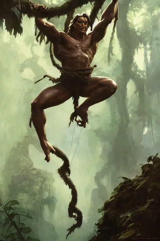 Image similar to tarzan swinging from trees, by Frank Frazetta, Greg Rutkowski, Boris Vallejo, epic fantasy character art, Exquisite detail, post-processing, low angle, masterpiece, cinematic