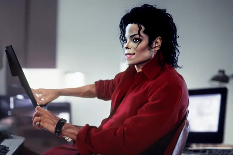 Image similar to Michael Jackson using discord on a computer ultra realistic, 4K, movie still, UHD, sharp, cinematic