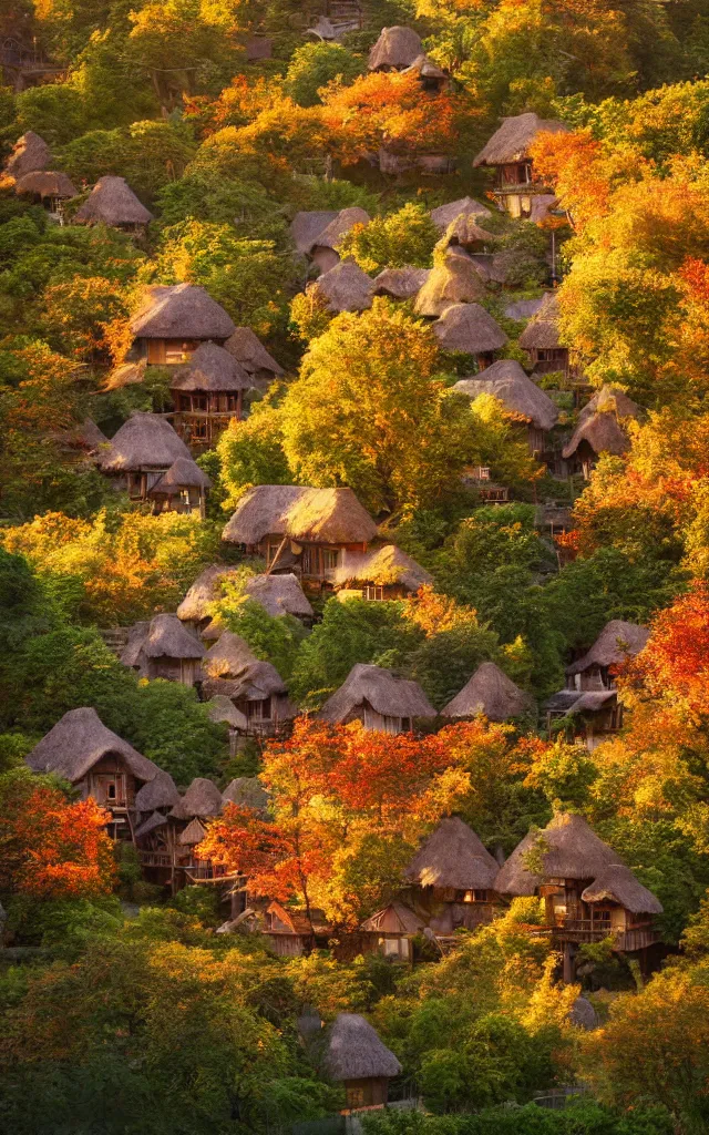 Prompt: a village full of tree houses with wooden ladders and thatched roofs, nestled in a forest, golden hour, autumn leaves, realistic high quality art digital art trending on artstation