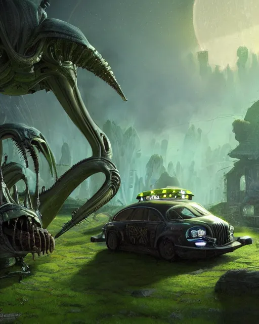 Prompt: xenomorph taxi car in a fantasy village, calming, uplifting mood, ultra realistic, farm, small buildings, highly detailed, atmosphere, masterpiece, epic lighting, elves, green plants, magic, illuminated, 4 k, cinematic, morning sun, art by eddie mendoza and sylvain sarrailh and jonathan berube