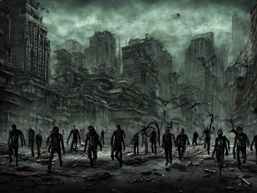 Image similar to post apocalyptic city landscape zombies roaming, very highly detailed, photography, 4 k, sharp focus, art