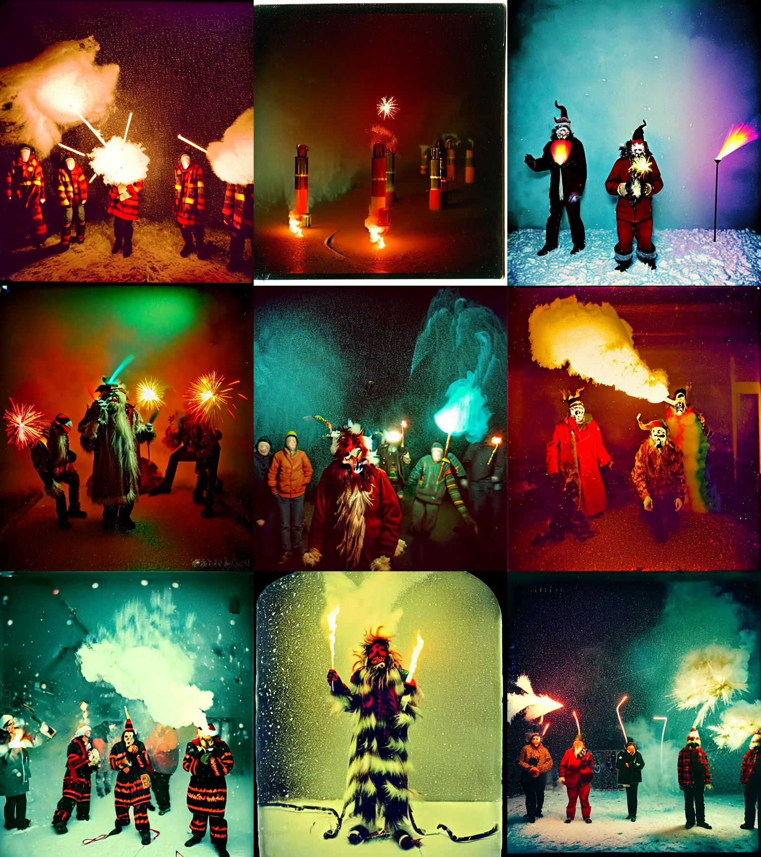 Image similar to kodak portra 4 0 0, wetplate, winter, snowflakes, rainbow coloured rockets, chaos, glitter tornados, award winning dynamic photo of a bunch of hazardous krampus between exploding fire barrels by robert capas, motion blur, in the hall of an inn at night with colourful pyro fireworks and torches, teal lights