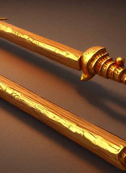 Image similar to rpg item render, a single egyptian wood staff made of gold, ancient symbols, bright, Unreal 5, DAZ, hyperrealistic, octane render, dynamic lighting