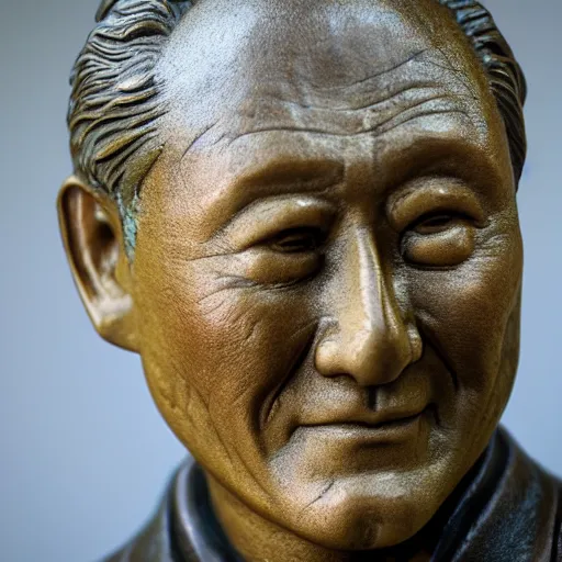 Image similar to close up shot of an old bronze statue of takeshi kitano in a museum