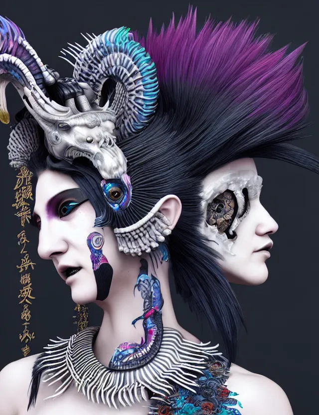 Image similar to 3 d goddess close - up profile portrait punk with mohawk with ram skull. beautiful intricately detailed japanese crow kitsune mask and clasical japanese kimono. betta fish, jellyfish phoenix, bio luminescent, plasma, ice, water, wind, creature, artwork by tooth wu and wlop and beeple and greg rutkowski