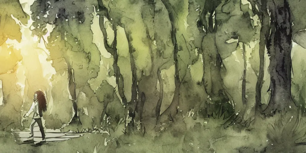 Image similar to side shot of a man with dreadlocks walking while playing the guitar with trees in the background, in watercolor style, animation, concept art