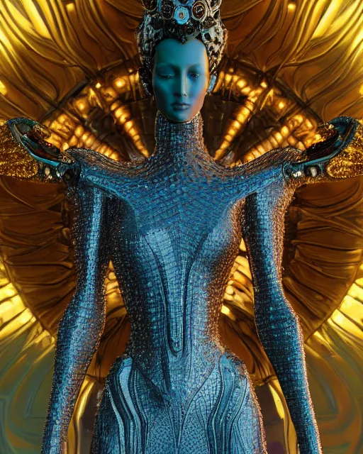 Image similar to a highly detailed metahuman 4 k close up render of an alien goddess bella hadid monument in iris van herpen armor schiaparelli in diamonds crystals swarovski and jewelry iridescent in style of alphonse mucha gustav klimt trending on artstation made in unreal engine 4