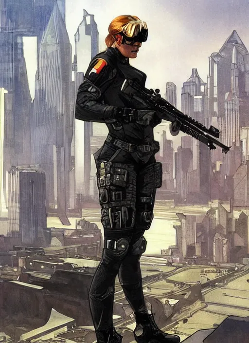 Prompt: Dinah. USN special forces operator looking at city skyline. Futuristic stealth suit. mgs and rb6s Concept art by James Gurney, Alphonso Mucha, matt rhodes, and Sam Hogg.