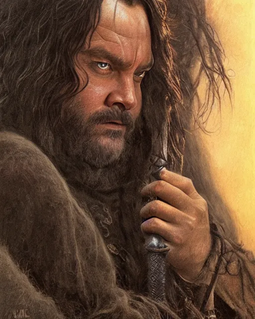 Prompt: jack black as Aragorn by Alan Lee, sunset, concept art, detailed clothing, art station, matte painting