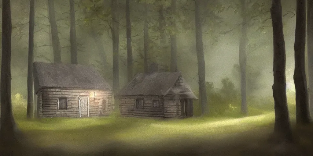 Prompt: a painting of a close up of a single cottage with a thached roof in the woods and empty woods, 8k, fantasy, hyper realistic, atmospheric lighting, cinematic