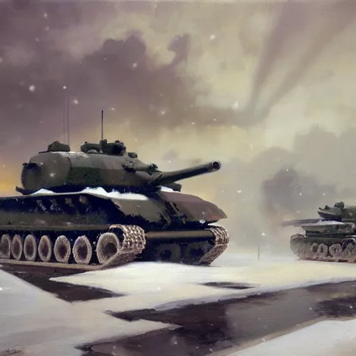 Image similar to greg manchess painting of a tank fight in the world war two in winter with a heavy snow storm, painting, trending on artstation, by huang guangjian and gil elvgren and sachin teng