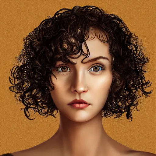 Prompt: portrait of a young lady with curly black hair and brown eyes and round face with thin lips, hyperrealistic, detailed, illustration, brown eyes