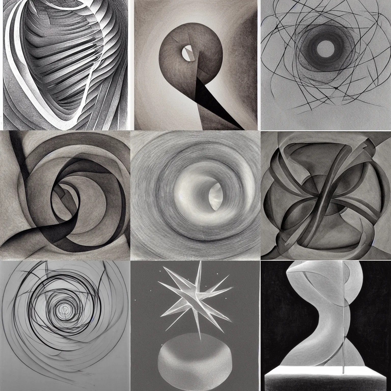 Prompt: tranquility of the endless stars, classical sculpture, ink wash, by Naum Gabo, by Philip Geiger, ink on canvas, abstract sculpture, detailed, cool tones, (by M.C. Escher)