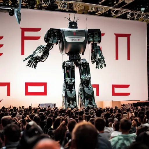 Image similar to Elon Musk presenting a giant mecha robot to an audience, Tesla Presentation, Professional photography, 8K