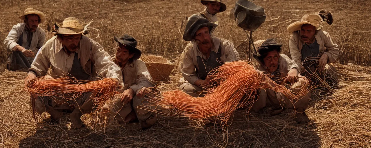 Image similar to harvesting spaghetti during the gold rush, hyper - realistic faces, intricate, sigma 5 0 mm, cinematic lighting, photography, wes anderson, film, kodachrome