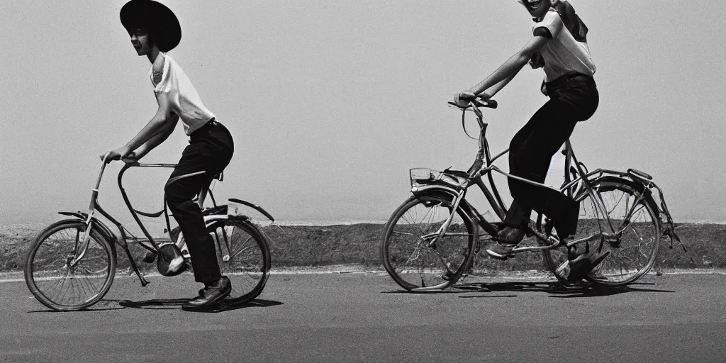 Image similar to a young man riding a bicycle under a clear blue sky, 7 0 s photograph, 4 k