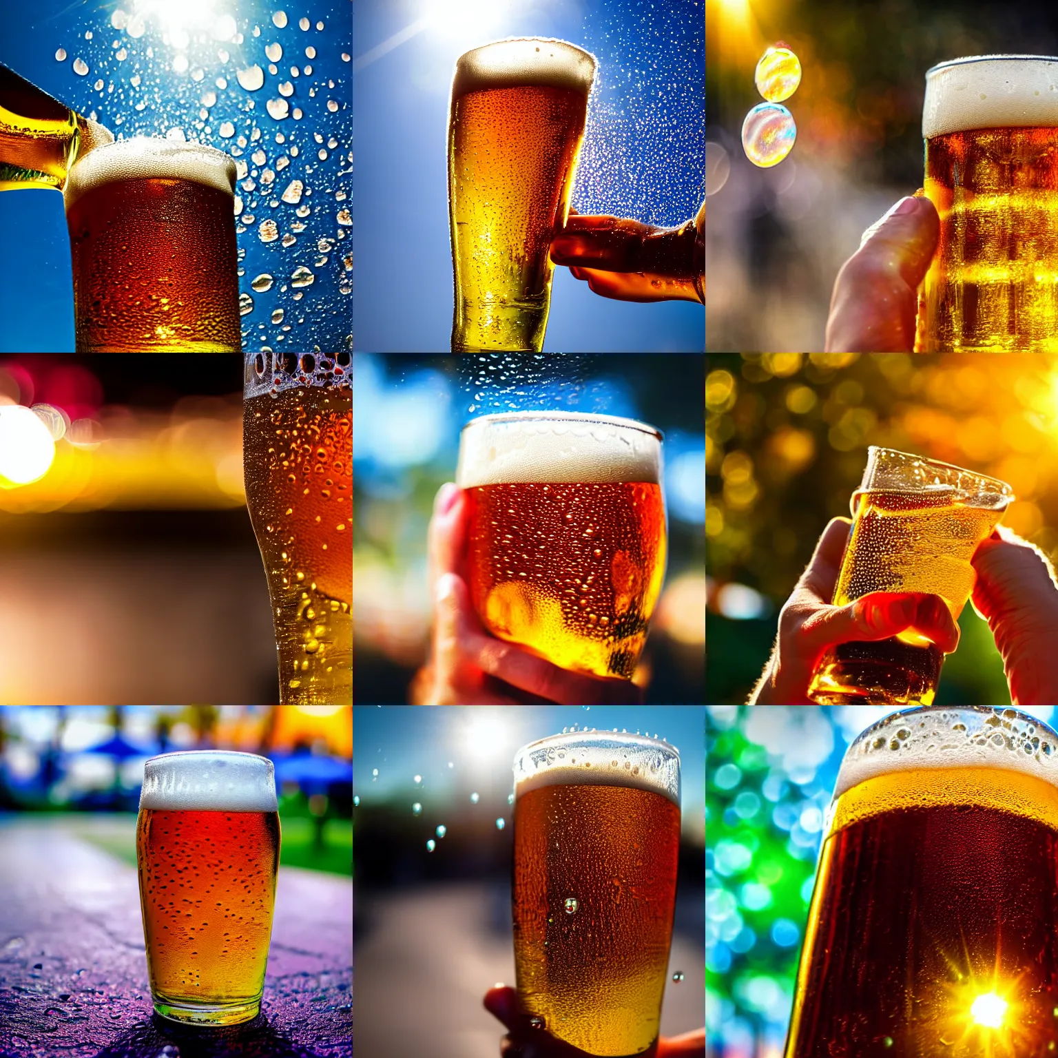 Prompt: closeup photo of hand holding a glass of beer, sunshine, brilliant colors, droplets, ultra sharp, refractions, macro photo, bokeh