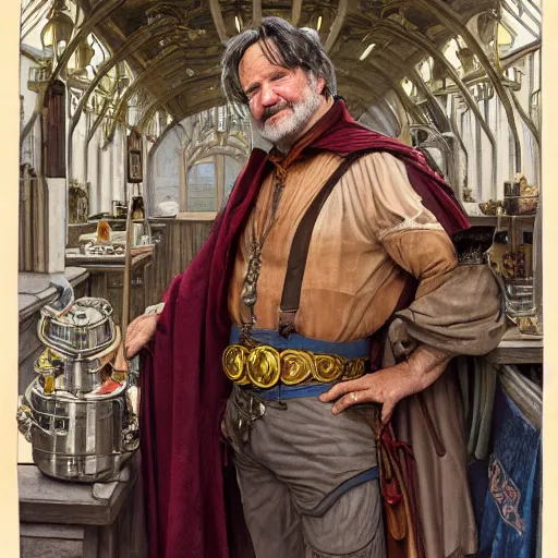 Image similar to an ultradetailed portrait of robin williams dressed as an alchemist, brewing potions in a workshop, d & d, fantasy, intricate, elegant, highly detailed, digital painting, matte, sharp focus, illustration, art by john collier and albert aublet and krenz cushart and artem demura and alphonse mucha