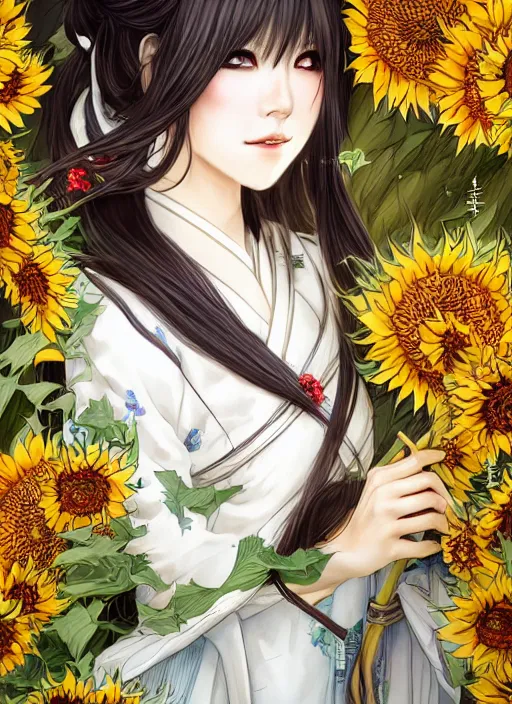 Prompt: beautiful lady wearing hanfu surrounded by sunflowers, brown long hair, shiny white skin, demonic eyes, white background, low fantasy, extremely detailed, sharp focus, smooth, digital illustration, by rossdraws, frank franzzeta, sakimichan