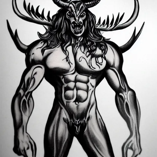 Image similar to 3/4 full body shot of demon with hoofs and horns in heroic pose, black and white ink tattoo