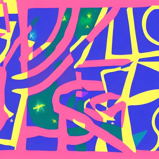 Prompt: Neo-memphis aesthetic, Liminal space in outer space, Matisse-influenced graphics, sticker design