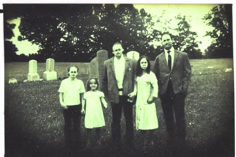 Image similar to old polaroid of weird lookin family photo in the cemetery, there is a demon in the background