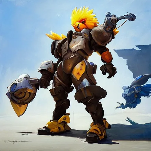 Image similar to greg manchess portrait painting of fully armored chocobo as overwatch character, out of control, medium shot, asymmetrical, profile picture, organic painting, sunny day, matte painting, bold shapes, hard edges, street art, trending on artstation, by huang guangjian and gil elvgren and sachin teng