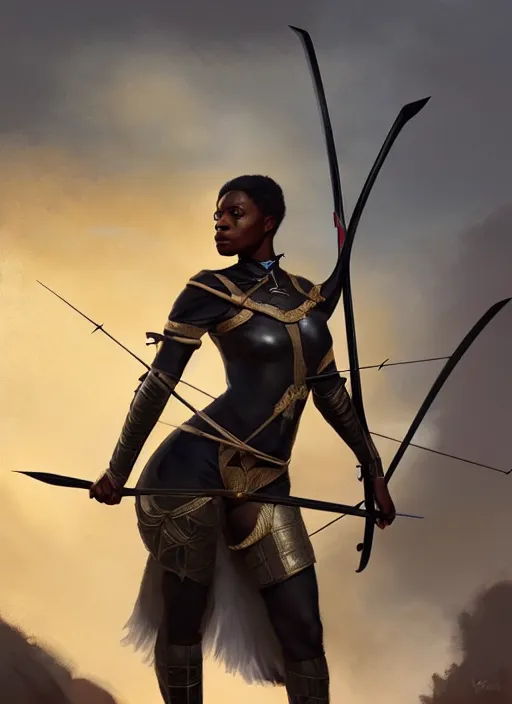 Image similar to full body portrait of beautiful black woman as a medieval archer, aiming her crossbow, cinematic and dramatic, highly detailed, digital painting, artstation, concept art, smooth, sharp focus, illustration, face by wlop, illustrated by mars ravelo and greg rutkowski