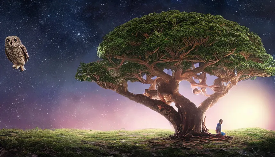 Image similar to very very small owl, sitting on a gigantic banyan tree in moonlit socotra island by ilya kuvshinov, starry night, rtx rendering, octane render 1 2 8 k, maya, extreme high intricate details by tom bagshaw, medium shot, close up shot, composition by sana takeda, lighting by greg rutkowski