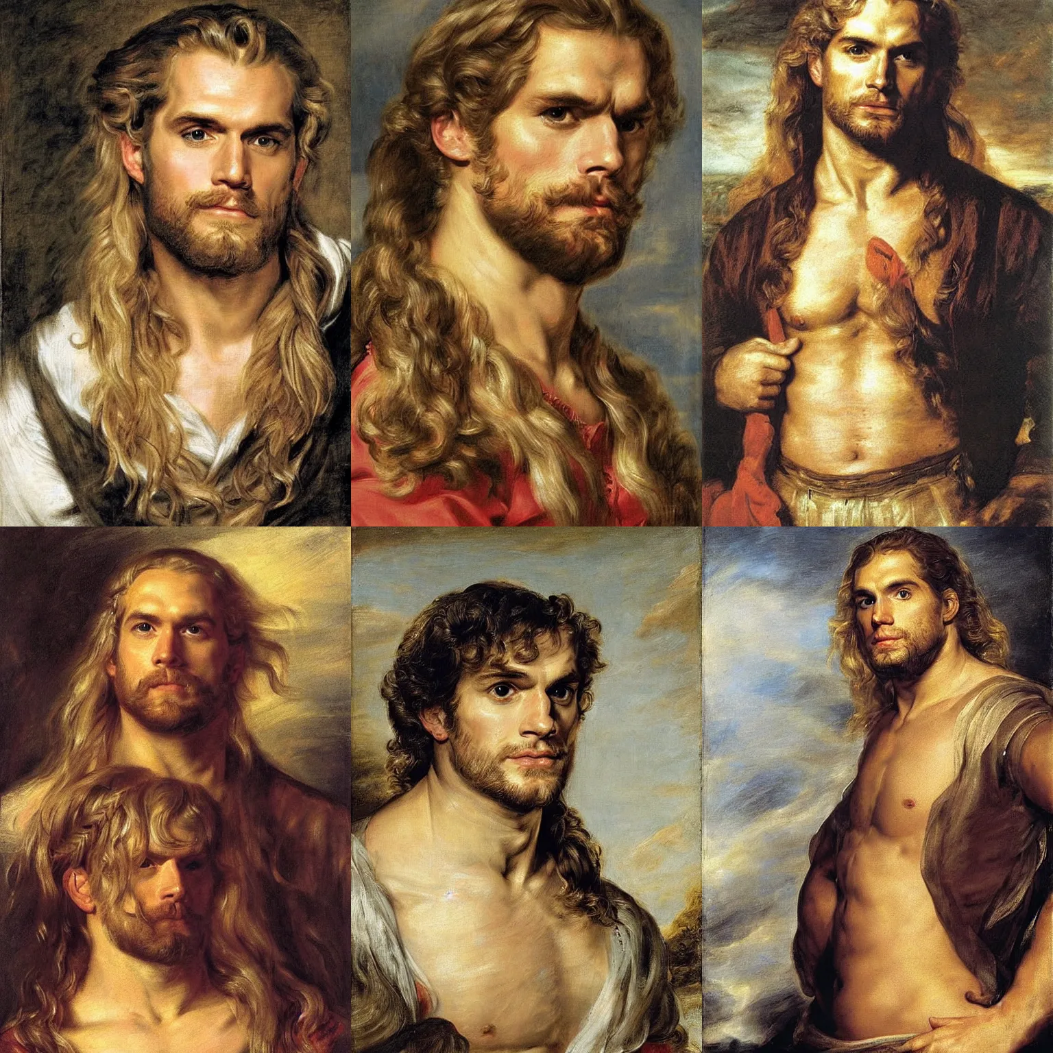 Prompt: portrait of Henry Cavill with long blond hair and side braids by peter Paul rubens