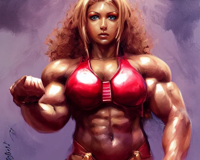 Image similar to portrait of samus aran as a beautiful female bodybuilder amazon with plump lips, elegant, fantasy, hd shot, digital portrait, beautiful, artstation, comic style, by artgerm, guy denning, jakub rozalski, magali villeneuve and charlie bowater