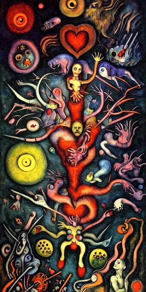 Image similar to mythical creatures and monsters in the visceral anatomical human heart imaginal realm of the collective unconscious, in a dark surreal mixed media oil painting by bosch and kandinsky, dramatic lighting from inner fire