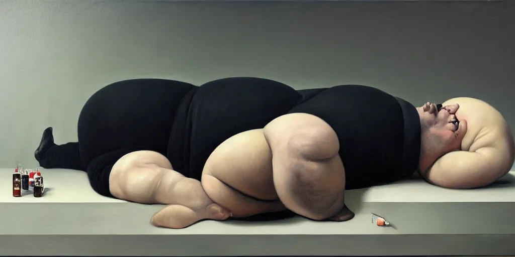 Prompt: a fat man trapped in a tiny cage, bulging and writhing in depressive agony detailed painting by painting by gottfried helnwein and tokio aoyama