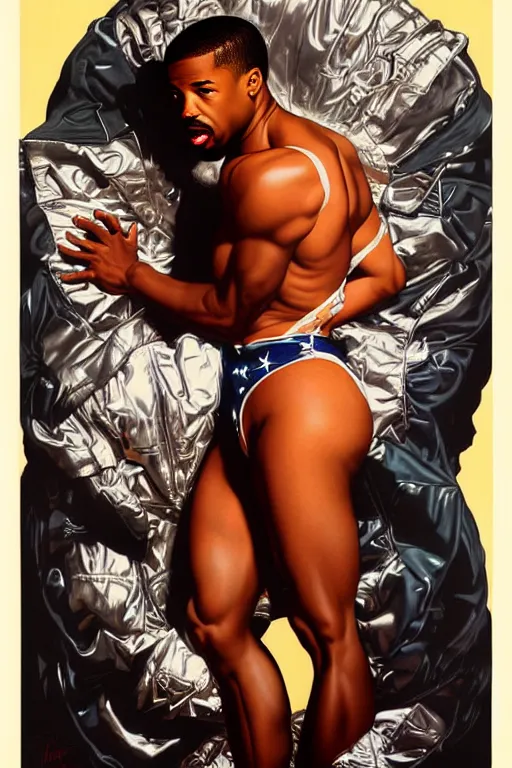 Image similar to michael b. jordan by gil elvgren and norman rockwell and rob gonsalves and hajime sorayama, hyperrealistic, high detail, ultra detailed, highly detailed face, ruffled fabric