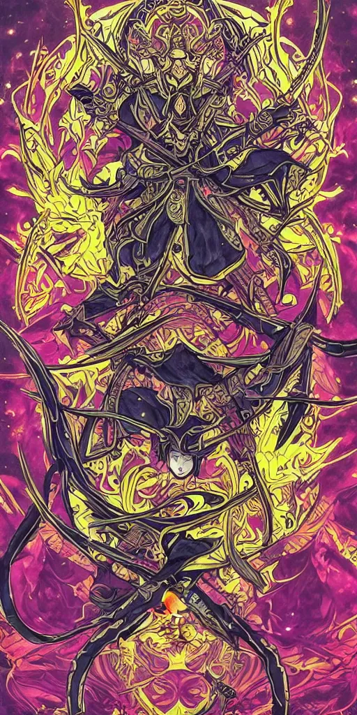 Image similar to a ninja from final fantasy 14, intricate, amazing line work, cosmic, psychedelic, cheerful, colorful, tarot cards, the devil tarot card