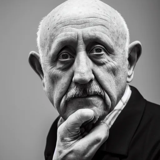 Image similar to Mike Ehrmantraut black and white portrait, XF IQ4, f/1.4, ISO 200, 1/160s, 8K, RAW, unedited, symmetrical balance, in-frame