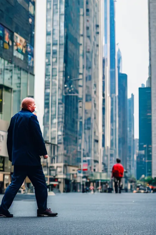 Prompt: larger than skyscrapers ginger middle aged man walks around the city, bird's eye, canon eos r 3, 8 k, raw, ground level shot